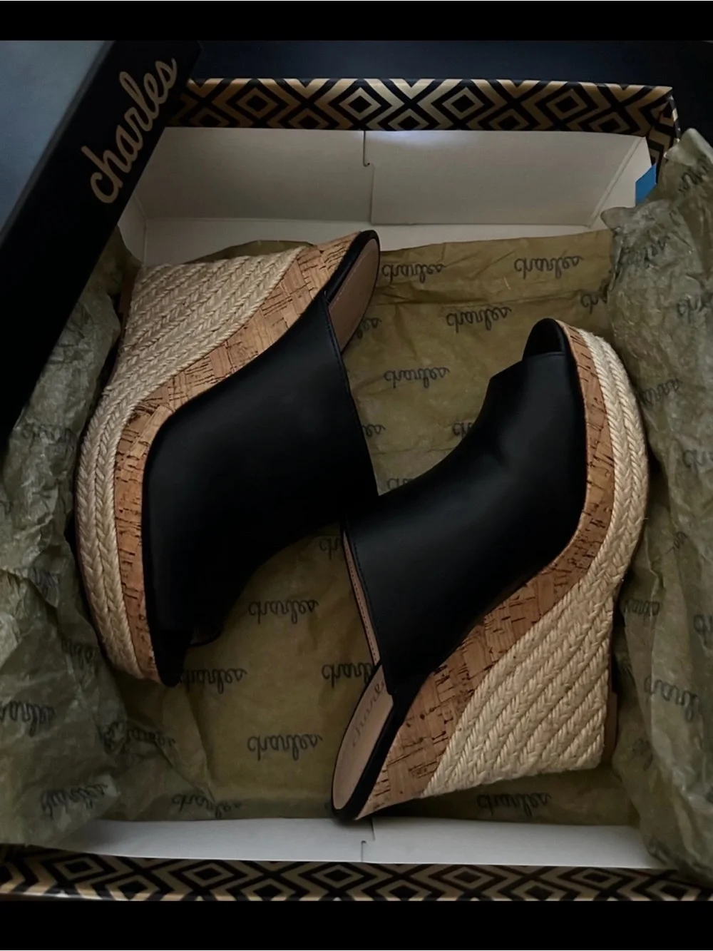 Charles by Charles David Azie Black Espadrille Wedge Mules Size 7